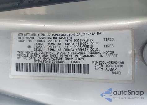 2004 Toyota Tacoma z USA, uszkodzony, nr VIN 5TEVL52N14Z365294